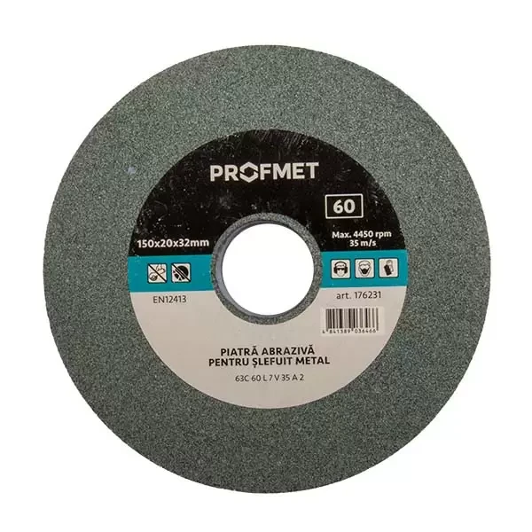 Piatra abraziva 150x20x32mm p/u slefuit metal, pentru polizor de banc, 63C 60 L 7 V 35 A 2, verde Profmet